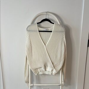 INTERMIX Cream Ribbed V-Neck Wrap Sweater